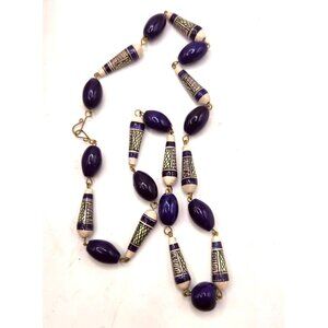 Antique Vintage Beaded Necklace Hand Painted Wired Wire Work 19” Cobalt Blue